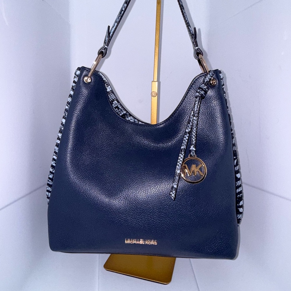 Michael Kors Joan L Blue Leather whipstitch Python Shoulder Accents Shoulder Bag
